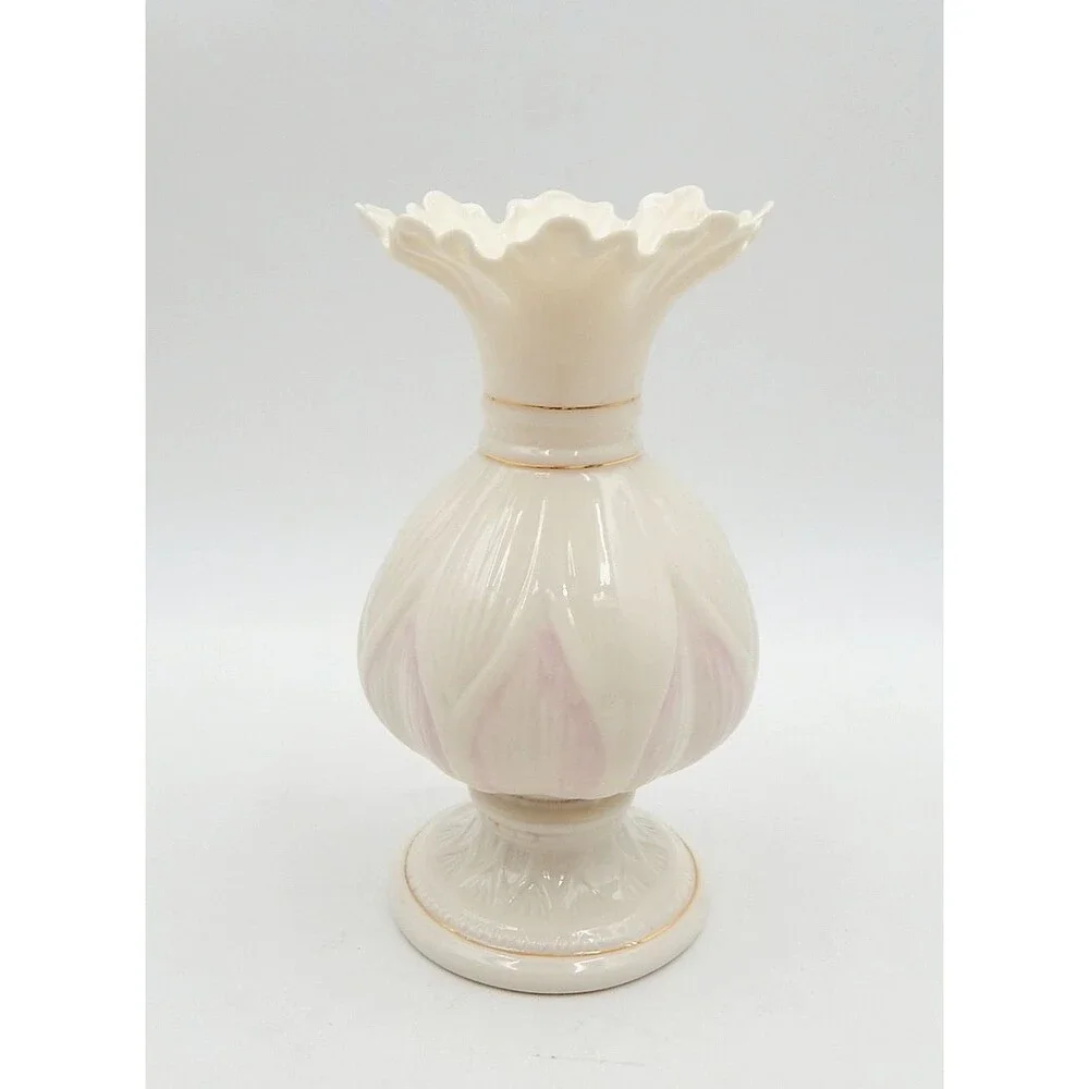 Belleek Irish Porcelain Lotus Blossom Vase Pink Highlights Gold Trim 8 In